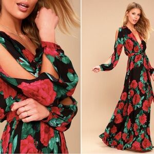 Lulus Floral Wrap Maxi Dress – Black & Red – M
